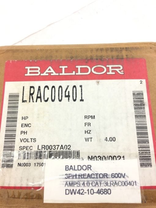 NEW IN BOX BALDOR LRAC00401 LINE REACTOR, 1HP, 600V, 4A, 3 PHASE, (B382) 2