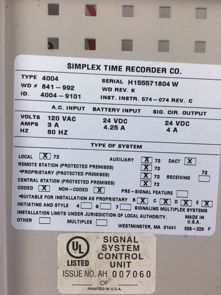 SIMPLEX 4004-9101 FIRE ALARM CONTROL PANEL with KEY 841-992