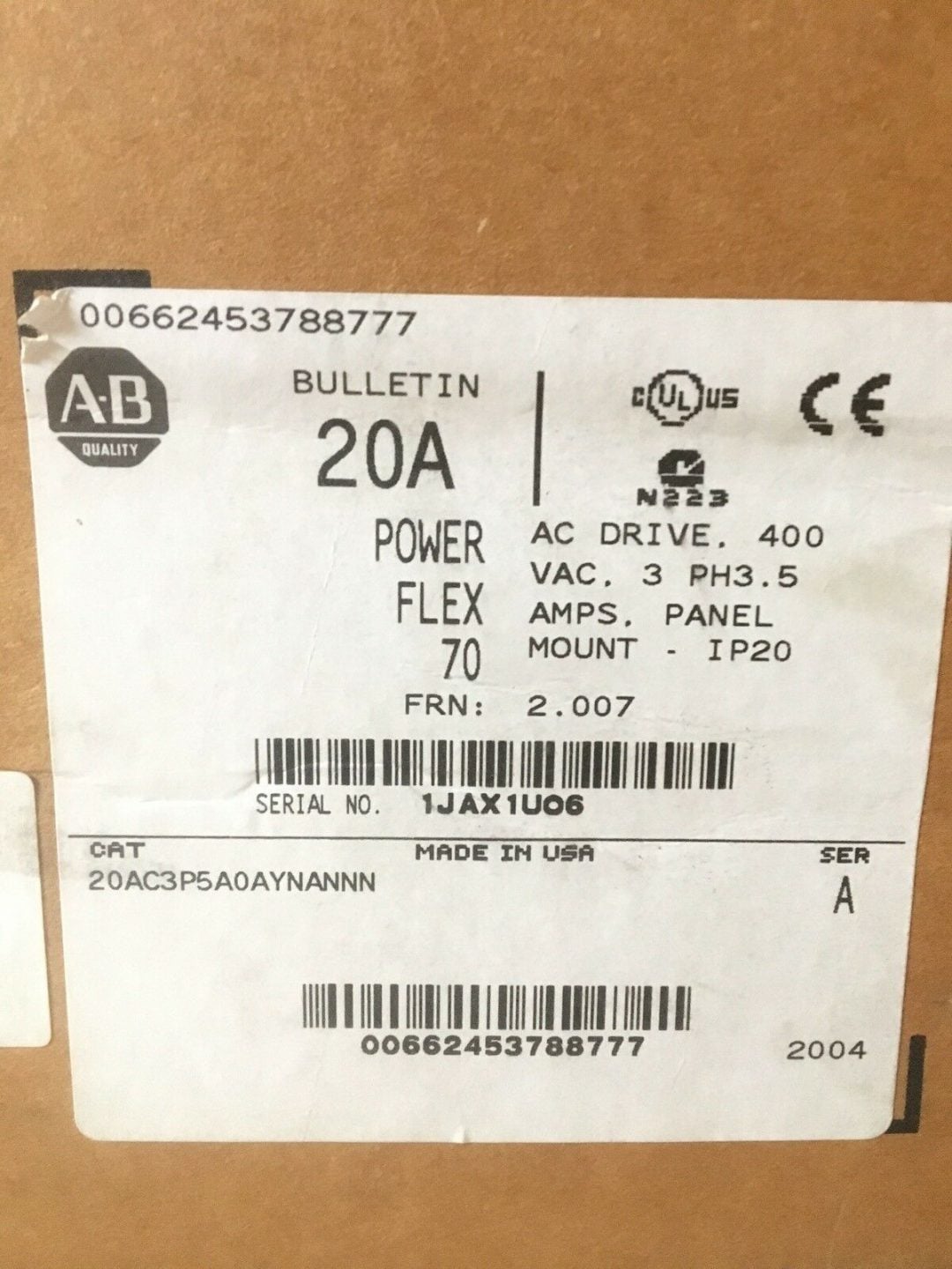 ALLEN BRADLEY PF70 AC DRIVE 20AC3P5A0AYNANNN